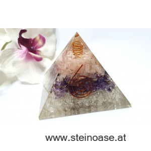 Orgonit Pyramide: Amethyst, Rosenquarz, Bergkristall & Spirale & Herkimer Diamant, 75mm